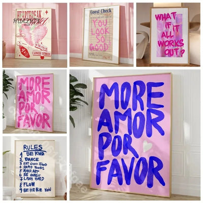 Maximalist More Amor Por Favor Posters Colorful Eclectic Pink Love Quote Painting Poster for Living Room Home Wall Art Decor