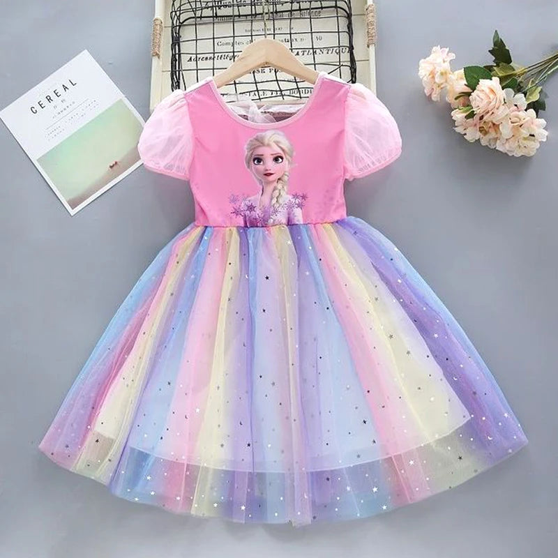 Girls Dress Cartoon 2024 Summer Frozen Fashion Children's Elsa Princess Baby Girl Toddler Short Sleeve Cute Party Dresses 3-9Y