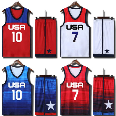 New men youth kids basketball training jersey set USA team tracksuits breathable basketball jerseys uniforms customized Print