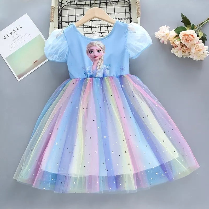 Girls Dress Cartoon 2024 Summer Frozen Fashion Children's Elsa Princess Baby Girl Toddler Short Sleeve Cute Party Dresses 3-9Y