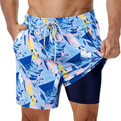 SURFCUZ Mens Swimming Trunks with Compression Liner Stretch Mens Swimwear 2 in 1 Quick Dry Running Gym Swim Shorts for Men - Slobuy