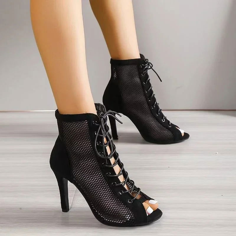 Sandalias De Mujer Women High Heels Dance Shoes Summer 2024 New Woman Suede Peep Toe Fashion Party Shoes Lace-up Female Sandals - Slobuy