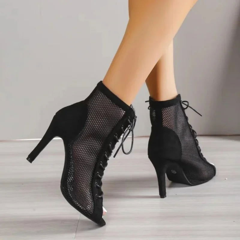Sandalias De Mujer Women High Heels Dance Shoes Summer 2024 New Woman Suede Peep Toe Fashion Party Shoes Lace-up Female Sandals - Slobuy