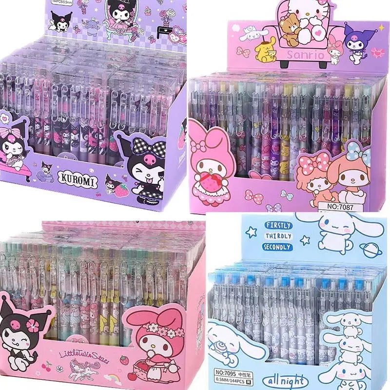 Sanrio 12pcs Cartoon Gel Pen Kawaii Hello Kitty Kuromi Cinnamoroll Stationery 0.5 Black With Metal Hook Office Write Cute Pens - Slobuy