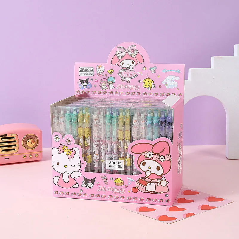 Sanrio 12pcs Cartoon Gel Pen Kawaii Hello Kitty Kuromi Cinnamoroll Stationery 0.5 Black With Metal Hook Office Write Cute Pens - Slobuy