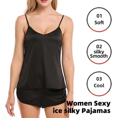 Women Sexy Ice Silky Pajamas Nightclothes Sleepwear Camisole And Shorts White Black Gray L XL XXL Comfortable Casual Summer