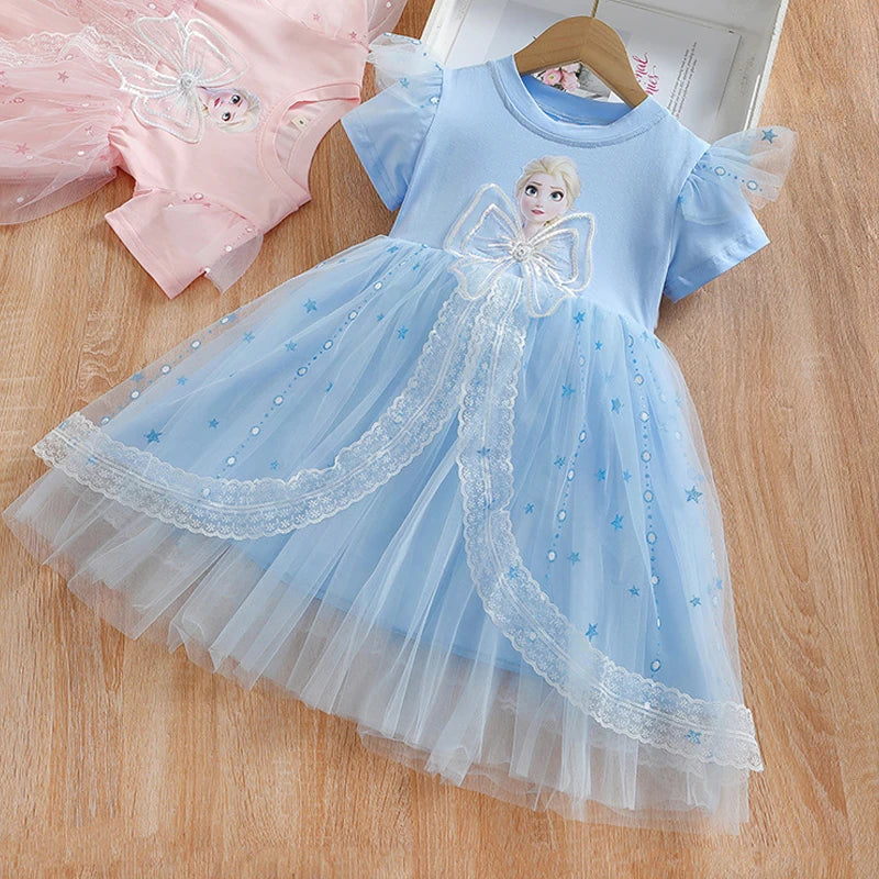 Girls Dress Cartoon 2024 Summer Frozen Fashion Children's Elsa Princess Baby Girl Toddler Short Sleeve Cute Party Dresses 3-9Y