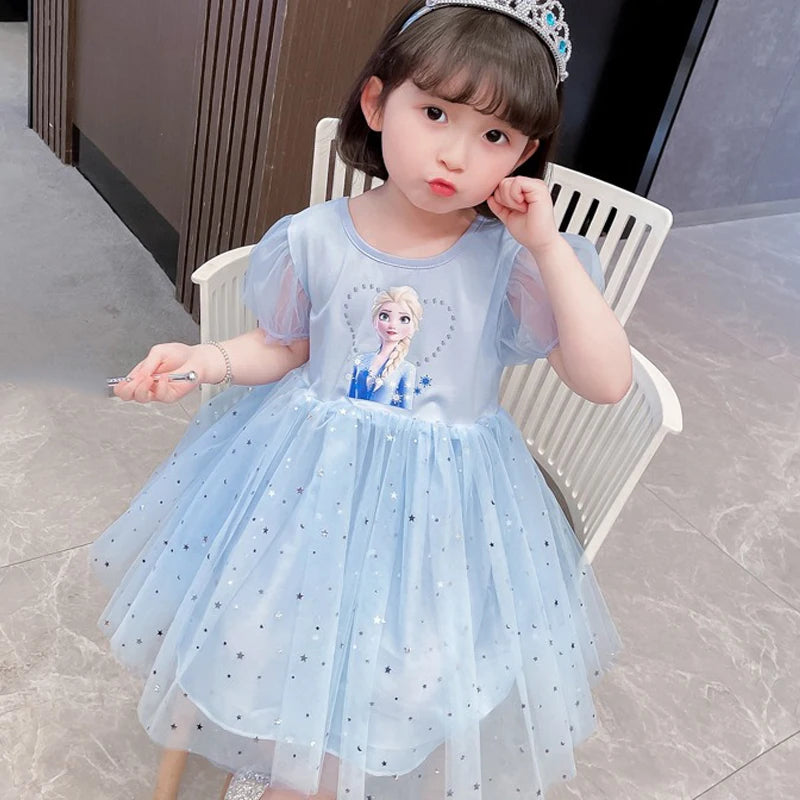 Girls Dress Cartoon 2024 Summer Frozen Fashion Children's Elsa Princess Baby Girl Toddler Short Sleeve Cute Party Dresses 3-9Y