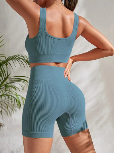 Seamless Ribbed Yoga Sets Workout Sets for Women 2 Pieces Gym Suits Ribbed Crop Tank High Waist Shorts Outfits Fitness Running - Slobuy