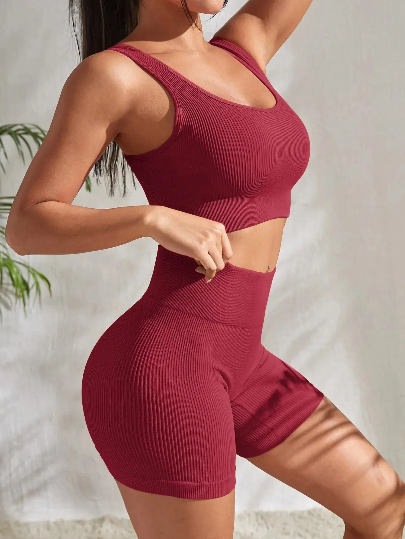 Seamless Ribbed Yoga Sets Workout Sets for Women 2 Pieces Gym Suits Ribbed Crop Tank High Waist Shorts Outfits Fitness Running - Slobuy
