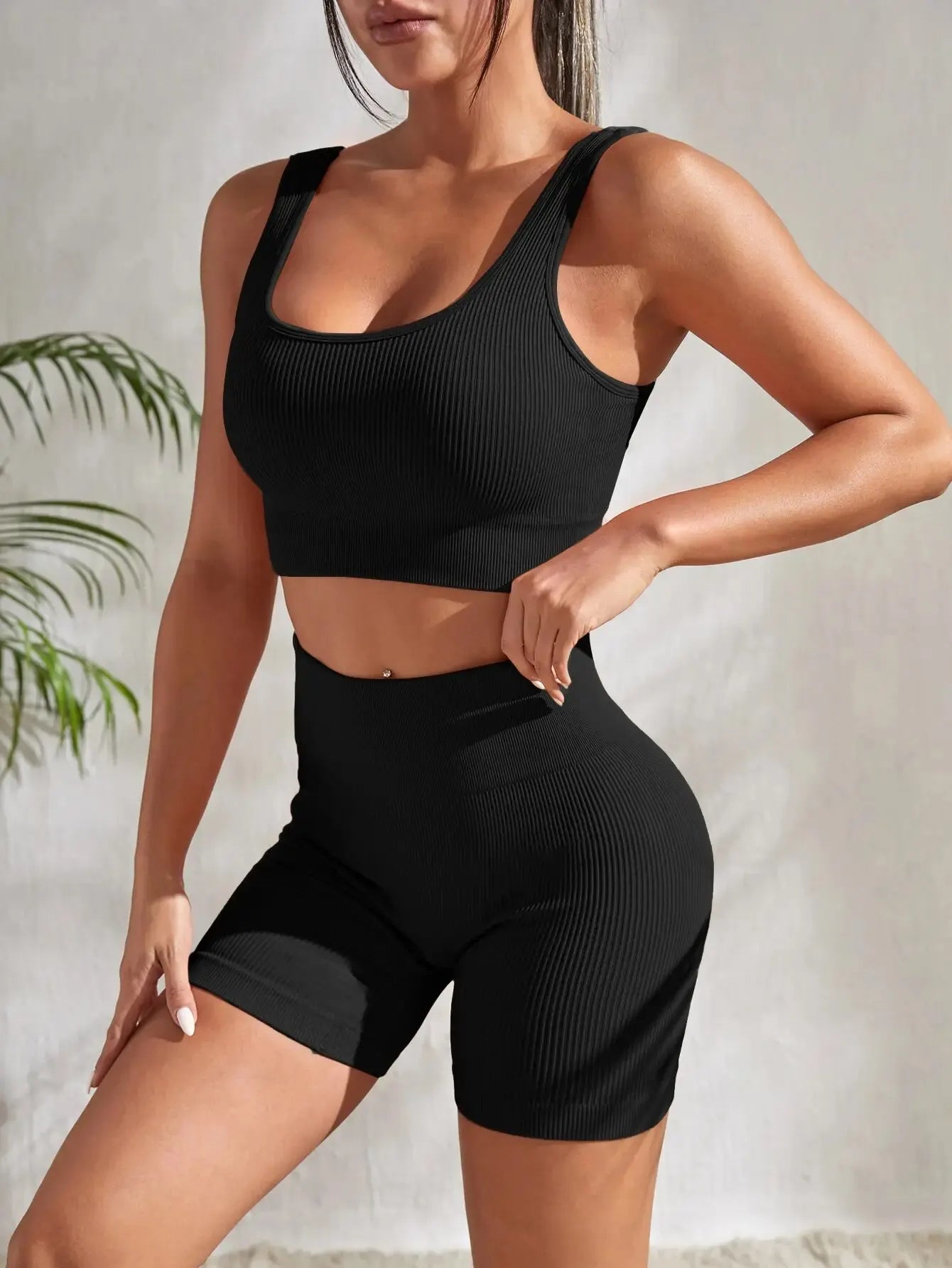 Seamless Ribbed Yoga Sets Workout Sets for Women 2 Pieces Gym Suits Ribbed Crop Tank High Waist Shorts Outfits Fitness Running - Slobuy