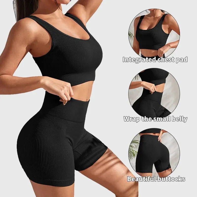 Seamless Ribbed Yoga Sets Workout Sets for Women 2 Pieces Gym Suits Ribbed Crop Tank High Waist Shorts Outfits Fitness Running - Slobuy