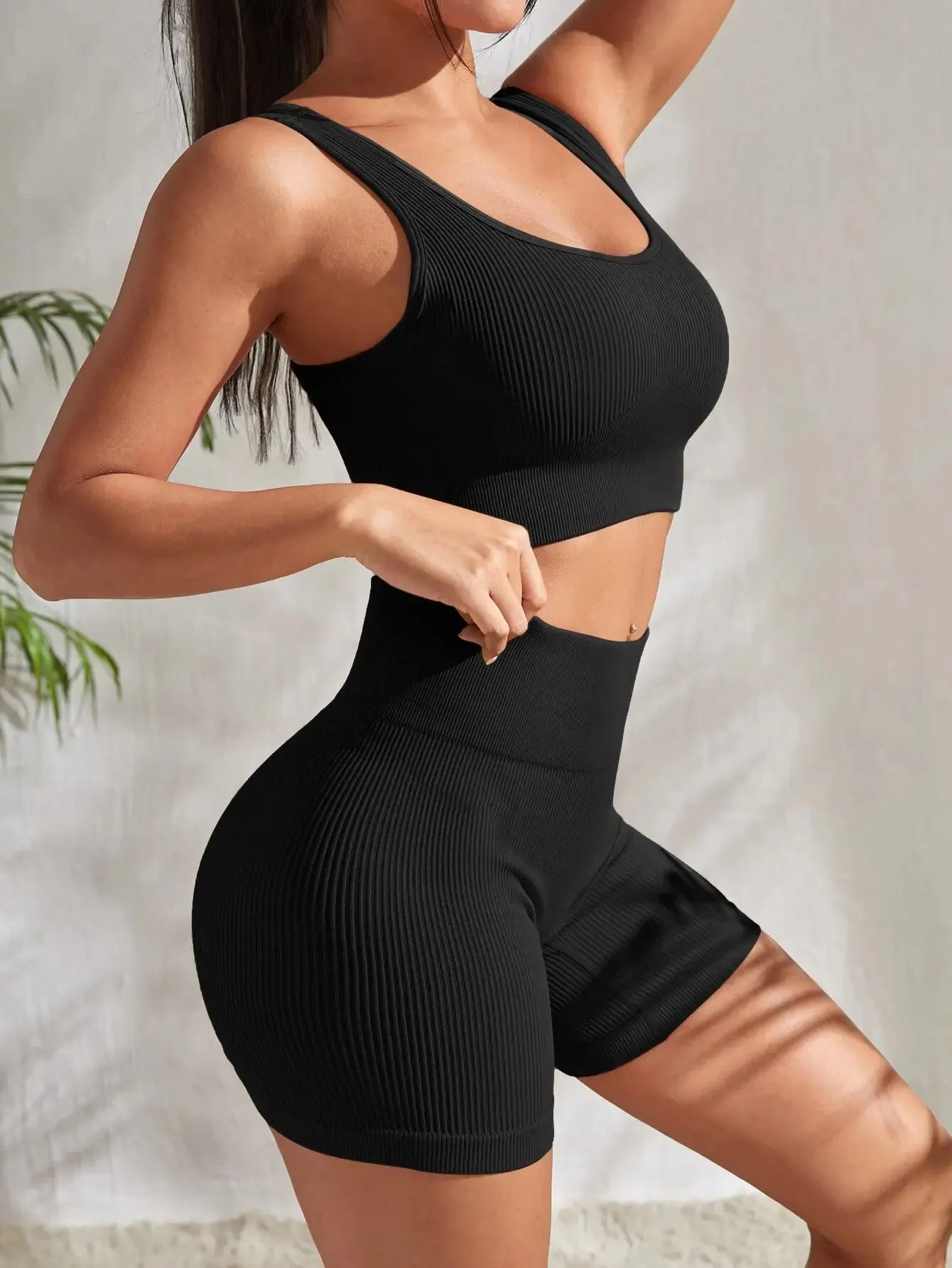 Seamless Ribbed Yoga Sets Workout Sets for Women 2 Pieces Gym Suits Ribbed Crop Tank High Waist Shorts Outfits Fitness Running - Slobuy