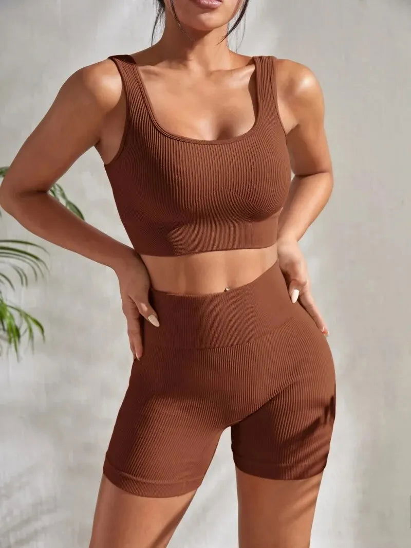 Seamless Ribbed Yoga Sets Workout Sets for Women 2 Pieces Gym Suits Ribbed Crop Tank High Waist Shorts Outfits Fitness Running - Slobuy