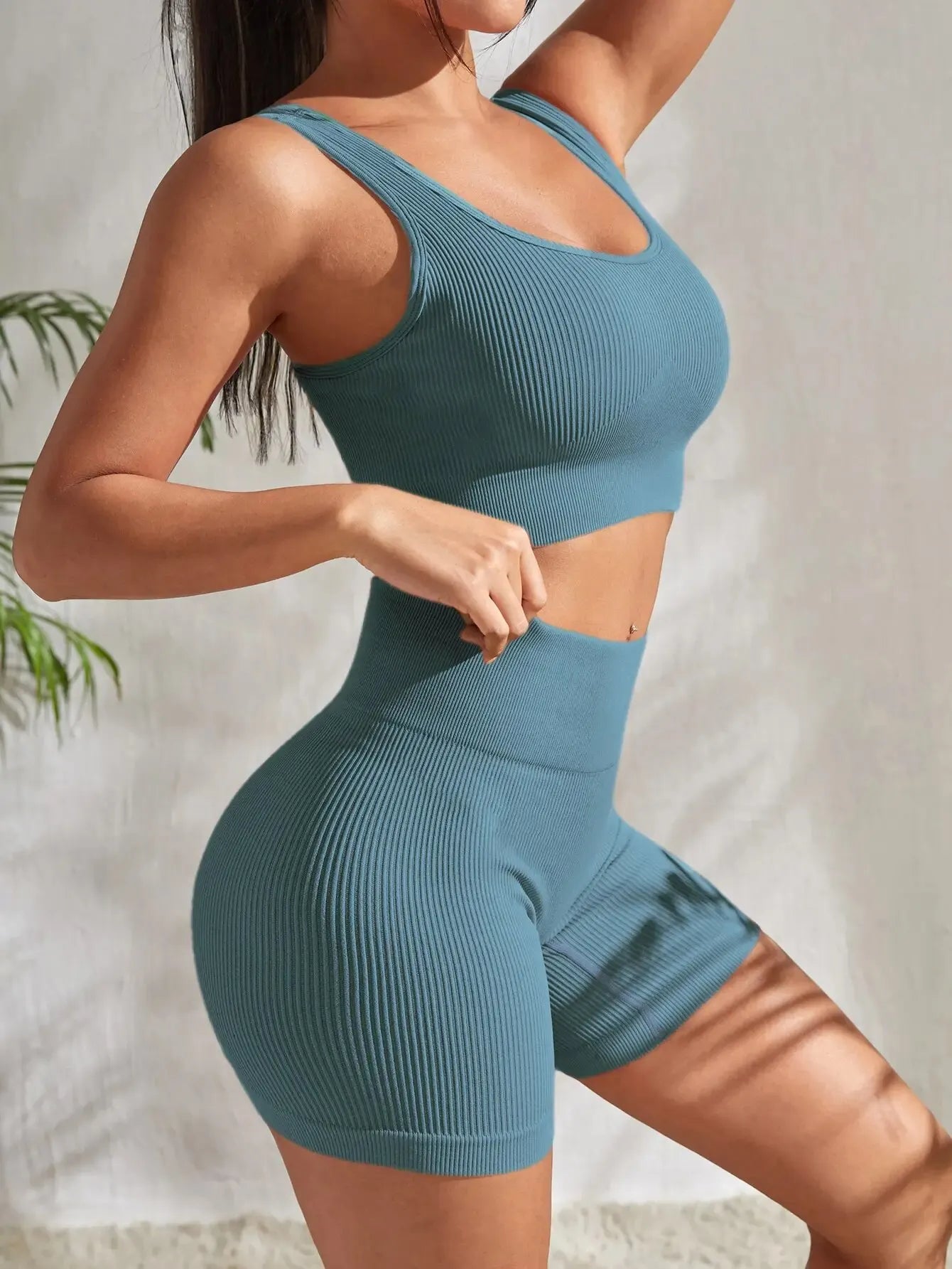 Seamless Ribbed Yoga Sets Workout Sets for Women 2 Pieces Gym Suits Ribbed Crop Tank High Waist Shorts Outfits Fitness Running - Slobuy