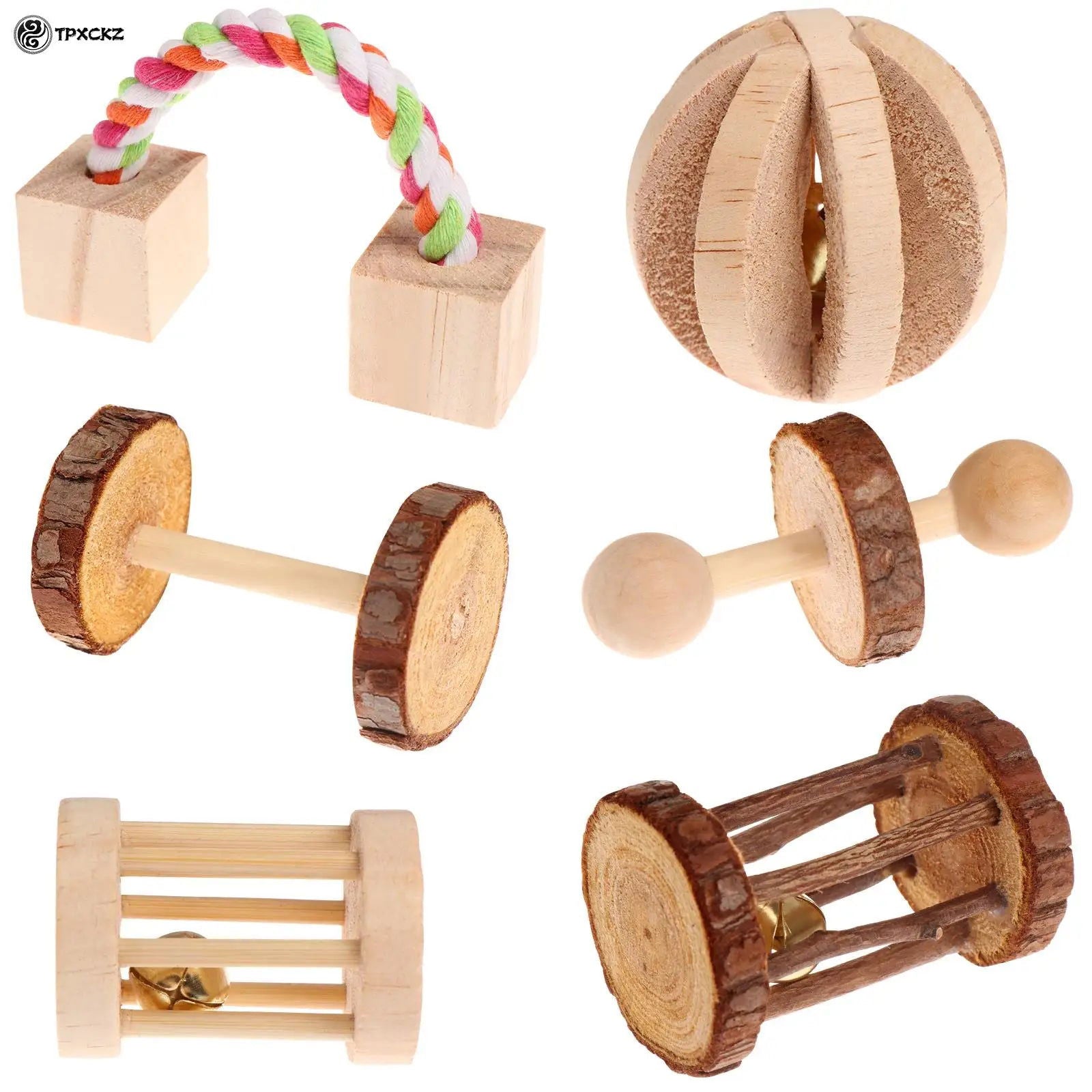 6Pcs/Set Pet Hamster Natural Wooden Chewing Toys Chinchilla Cage Accessories Rabbit Toys Wooden Dumbbell Exercise Bell Roller - Slobuy