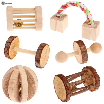 6Pcs/Set Pet Hamster Natural Wooden Chewing Toys Chinchilla Cage Accessories Rabbit Toys Wooden Dumbbell Exercise Bell Roller - Slobuy