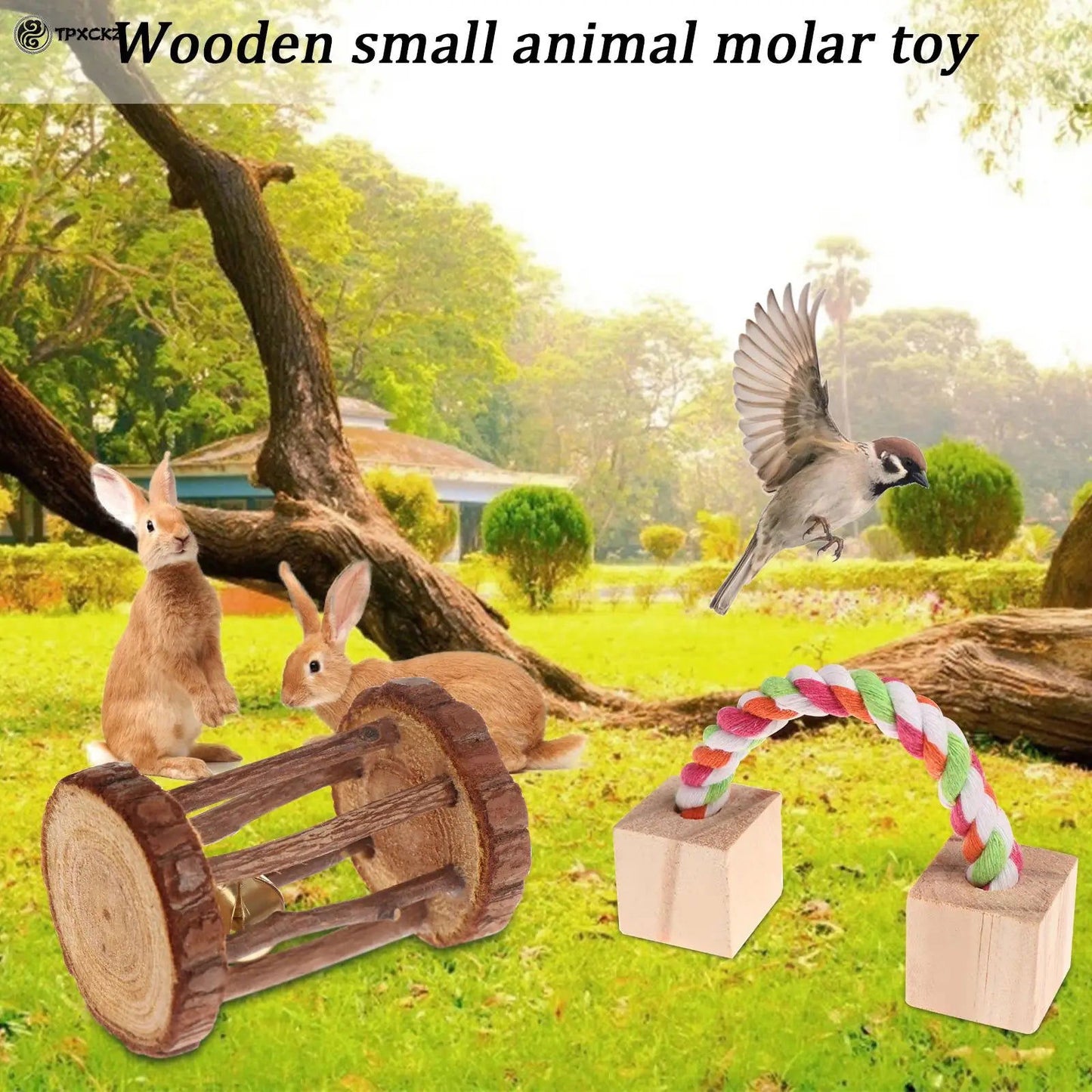 6Pcs/Set Pet Hamster Natural Wooden Chewing Toys Chinchilla Cage Accessories Rabbit Toys Wooden Dumbbell Exercise Bell Roller - Slobuy