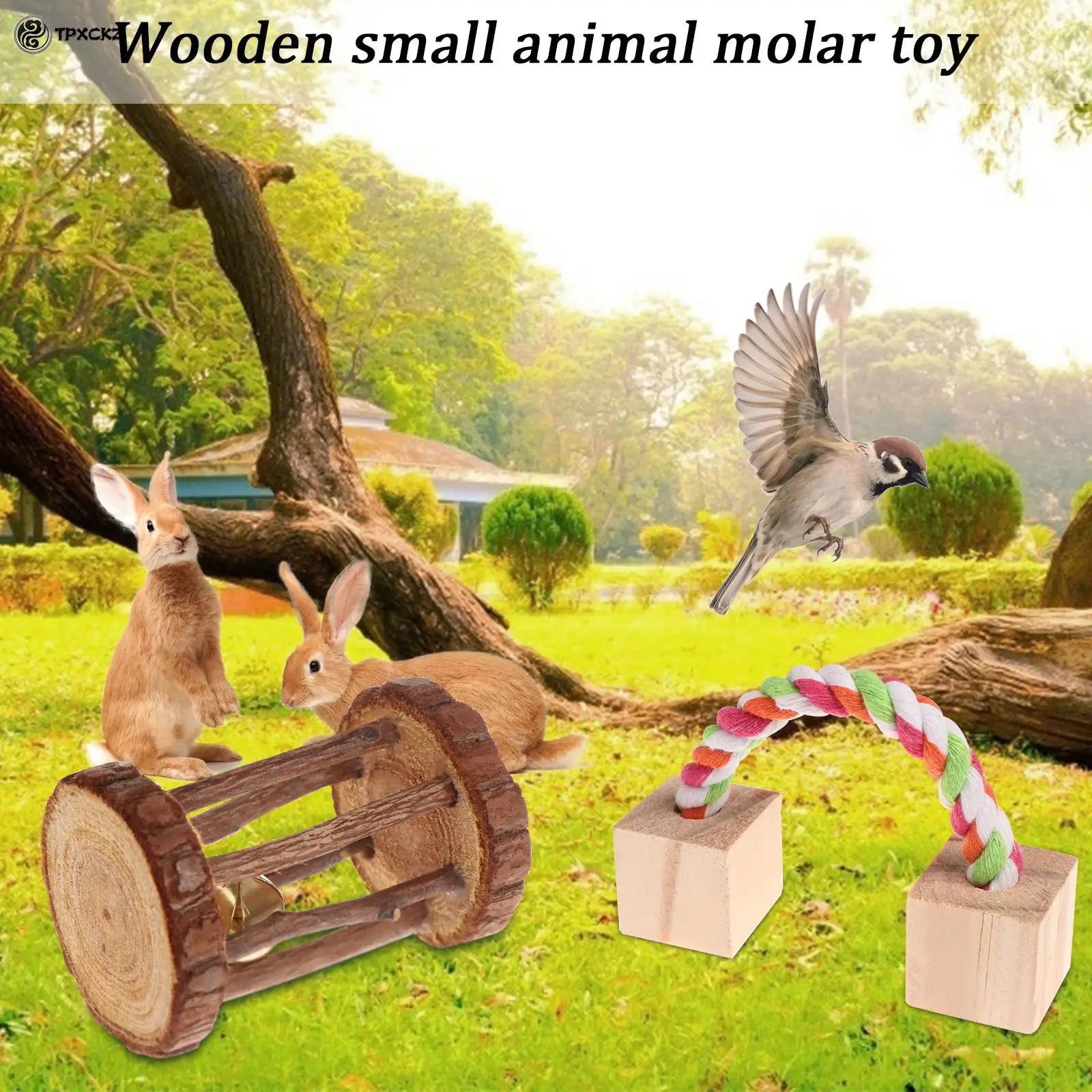 6Pcs/Set Pet Hamster Natural Wooden Chewing Toys Chinchilla Cage Accessories Rabbit Toys Wooden Dumbbell Exercise Bell Roller - Slobuy