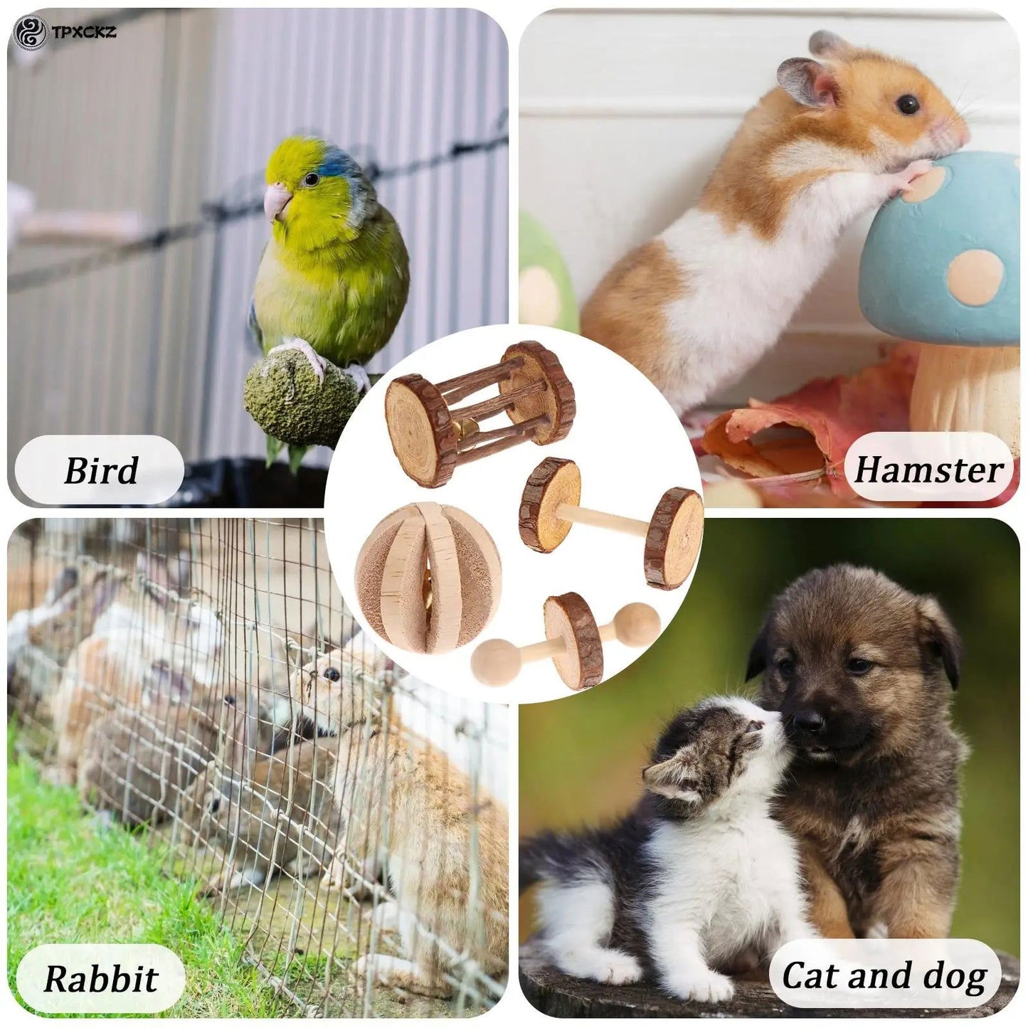 6Pcs/Set Pet Hamster Natural Wooden Chewing Toys Chinchilla Cage Accessories Rabbit Toys Wooden Dumbbell Exercise Bell Roller - Slobuy