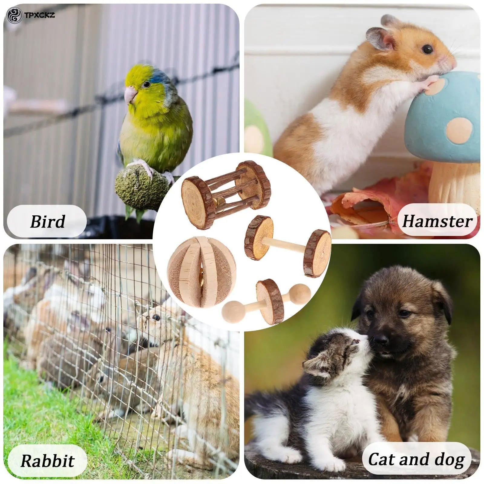 6Pcs/Set Pet Hamster Natural Wooden Chewing Toys Chinchilla Cage Accessories Rabbit Toys Wooden Dumbbell Exercise Bell Roller - Slobuy