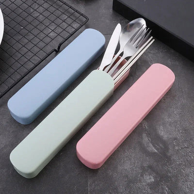 4Pcs/Set Travel Camping Cutlery Set Portable Tableware Stainless Steel Chopsticks Spoon Fork Steak Knife with Storage Case - Slobuy
