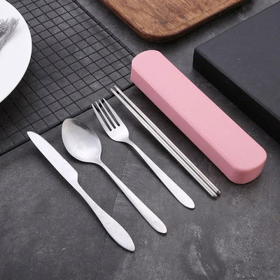 4Pcs/Set Travel Camping Cutlery Set Portable Tableware Stainless Steel Chopsticks Spoon Fork Steak Knife with Storage Case - Slobuy