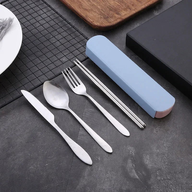 4Pcs/Set Travel Camping Cutlery Set Portable Tableware Stainless Steel Chopsticks Spoon Fork Steak Knife with Storage Case - Slobuy