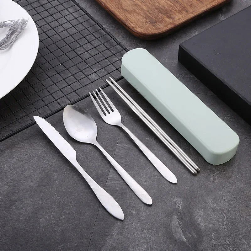 4Pcs/Set Travel Camping Cutlery Set Portable Tableware Stainless Steel Chopsticks Spoon Fork Steak Knife with Storage Case - Slobuy