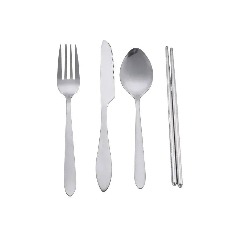 4Pcs/Set Travel Camping Cutlery Set Portable Tableware Stainless Steel Chopsticks Spoon Fork Steak Knife with Storage Case - Slobuy