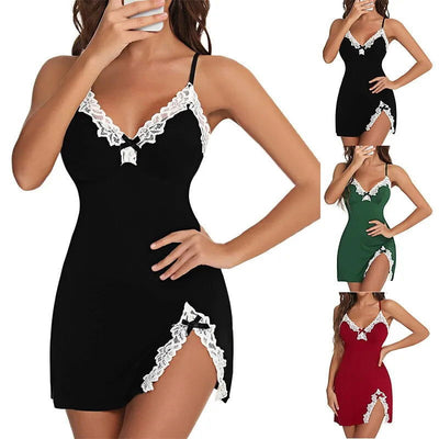 Sexy Sleepwear Women Lace Silk Satin V-Neck Nightgown Split Hem Soft Lingerie Night Dress Sleeveless Sleepwear Female Clothes - Slobuy