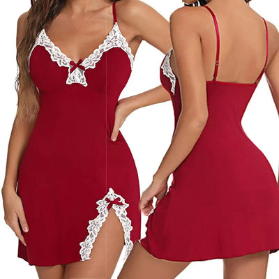 Sexy Sleepwear Women Lace Silk Satin V-Neck Nightgown Split Hem Soft Lingerie Night Dress Sleeveless Sleepwear Female Clothes - Slobuy