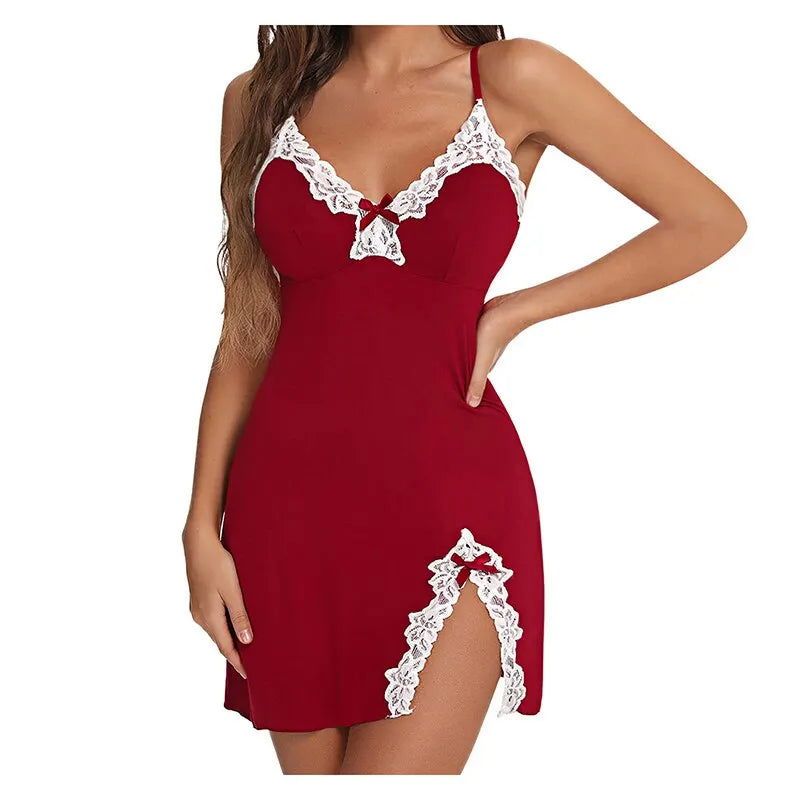 Sexy Sleepwear Women Lace Silk Satin V-Neck Nightgown Split Hem Soft Lingerie Night Dress Sleeveless Sleepwear Female Clothes - Slobuy