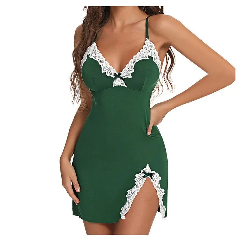 Sexy Sleepwear Women Lace Silk Satin V-Neck Nightgown Split Hem Soft Lingerie Night Dress Sleeveless Sleepwear Female Clothes - Slobuy