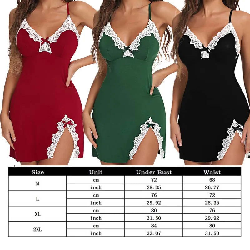 Sexy Sleepwear Women Lace Silk Satin V-Neck Nightgown Split Hem Soft Lingerie Night Dress Sleeveless Sleepwear Female Clothes - Slobuy