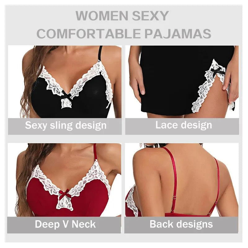 Sexy Sleepwear Women Lace Silk Satin V-Neck Nightgown Split Hem Soft Lingerie Night Dress Sleeveless Sleepwear Female Clothes - Slobuy