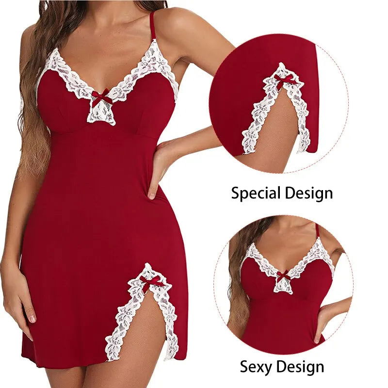 Sexy Sleepwear Women Lace Silk Satin V-Neck Nightgown Split Hem Soft Lingerie Night Dress Sleeveless Sleepwear Female Clothes - Slobuy