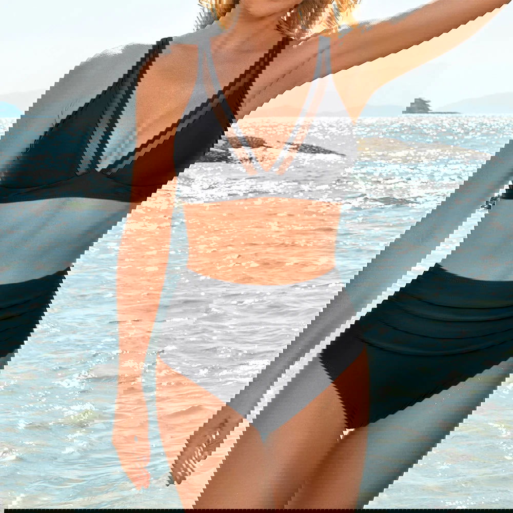 Sexy Solid Bikini Women 2024 High Waist Swimwear Female V neck Swimsuit Striped Bathing Suit Beachwear Summer Bikini Set  Femme - Slobuy