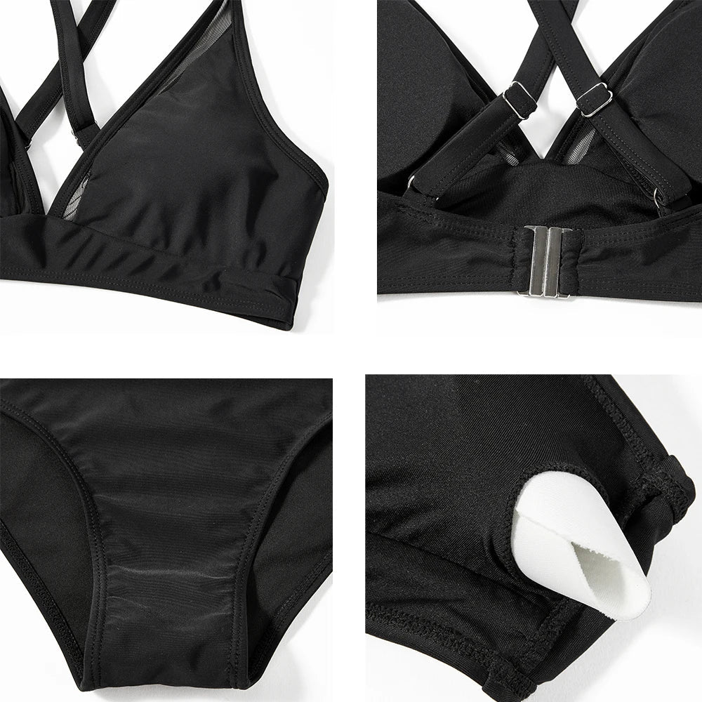 Sexy Solid Bikini Women 2024 High Waist Swimwear Female V neck Swimsuit Striped Bathing Suit Beachwear Summer Bikini Set  Femme - Slobuy