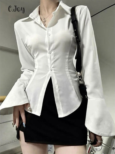 Sexy Solid Slim Flared Sleeve Women Shirt Lapel Single-breasted Back Bandage Tunic Female Blouses 2024 Spring Trend New Lady Top - Slobuy