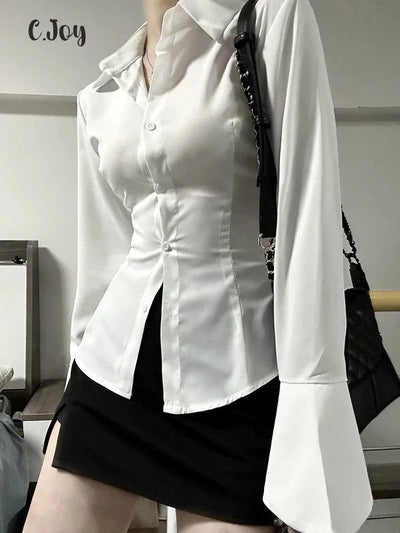 Sexy Solid Slim Flared Sleeve Women Shirt Lapel Single-breasted Back Bandage Tunic Female Blouses 2024 Spring Trend New Lady Top - Slobuy