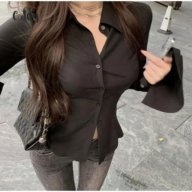 Sexy Solid Slim Flared Sleeve Women Shirt Lapel Single-breasted Back Bandage Tunic Female Blouses 2024 Spring Trend New Lady Top - Slobuy