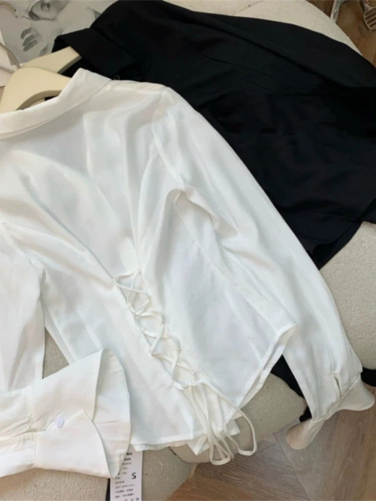 Sexy Solid Slim Flared Sleeve Women Shirt Lapel Single-breasted Back Bandage Tunic Female Blouses 2024 Spring Trend New Lady Top - Slobuy