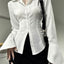 Sexy Solid Slim Flared Sleeve Women Shirt Lapel Single-breasted Back Bandage Tunic Female Blouses 2024 Spring Trend New Lady Top - Slobuy