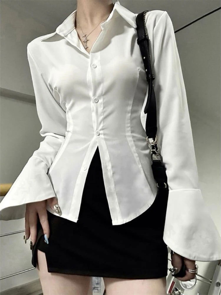 Sexy Solid Slim Flared Sleeve Women Shirt Lapel Single-breasted Back Bandage Tunic Female Blouses 2024 Spring Trend New Lady Top - Slobuy