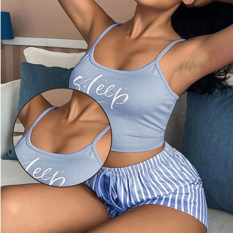 Sexy Summer Women Pajamas Set Sleepwear Cotton Home Clothes Tops And Shorts Cute Soft Sleeveless Nightwear For Female - Slobuy