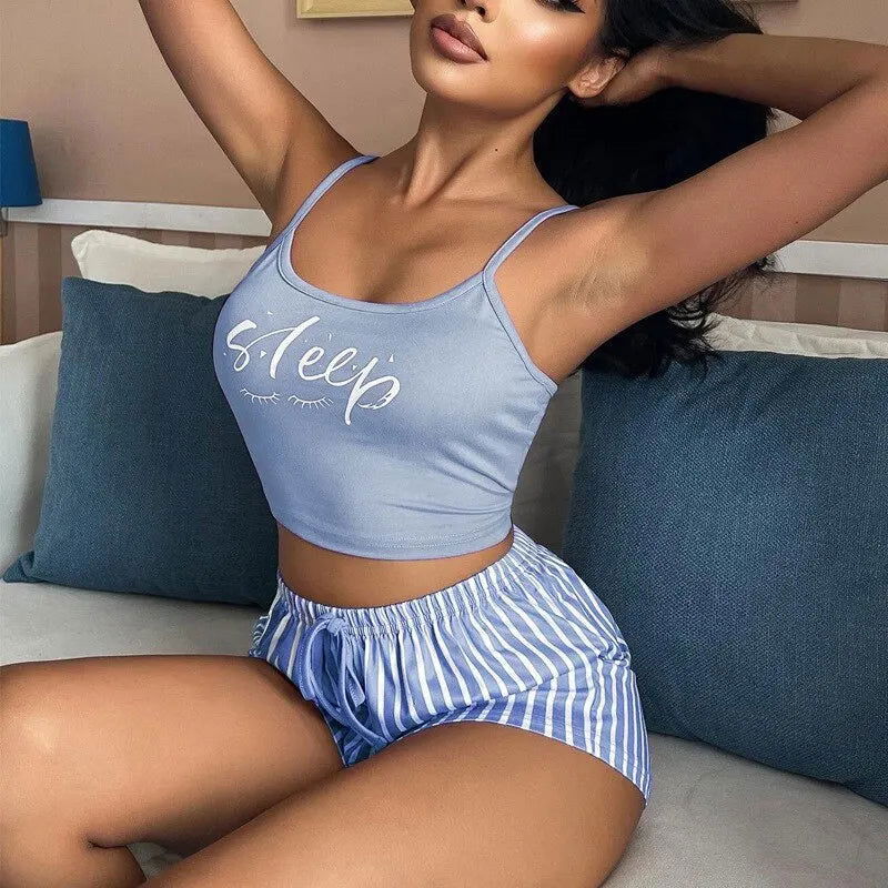 Sexy Summer Women Pajamas Set Sleepwear Cotton Home Clothes Tops And Shorts Cute Soft Sleeveless Nightwear For Female - Slobuy