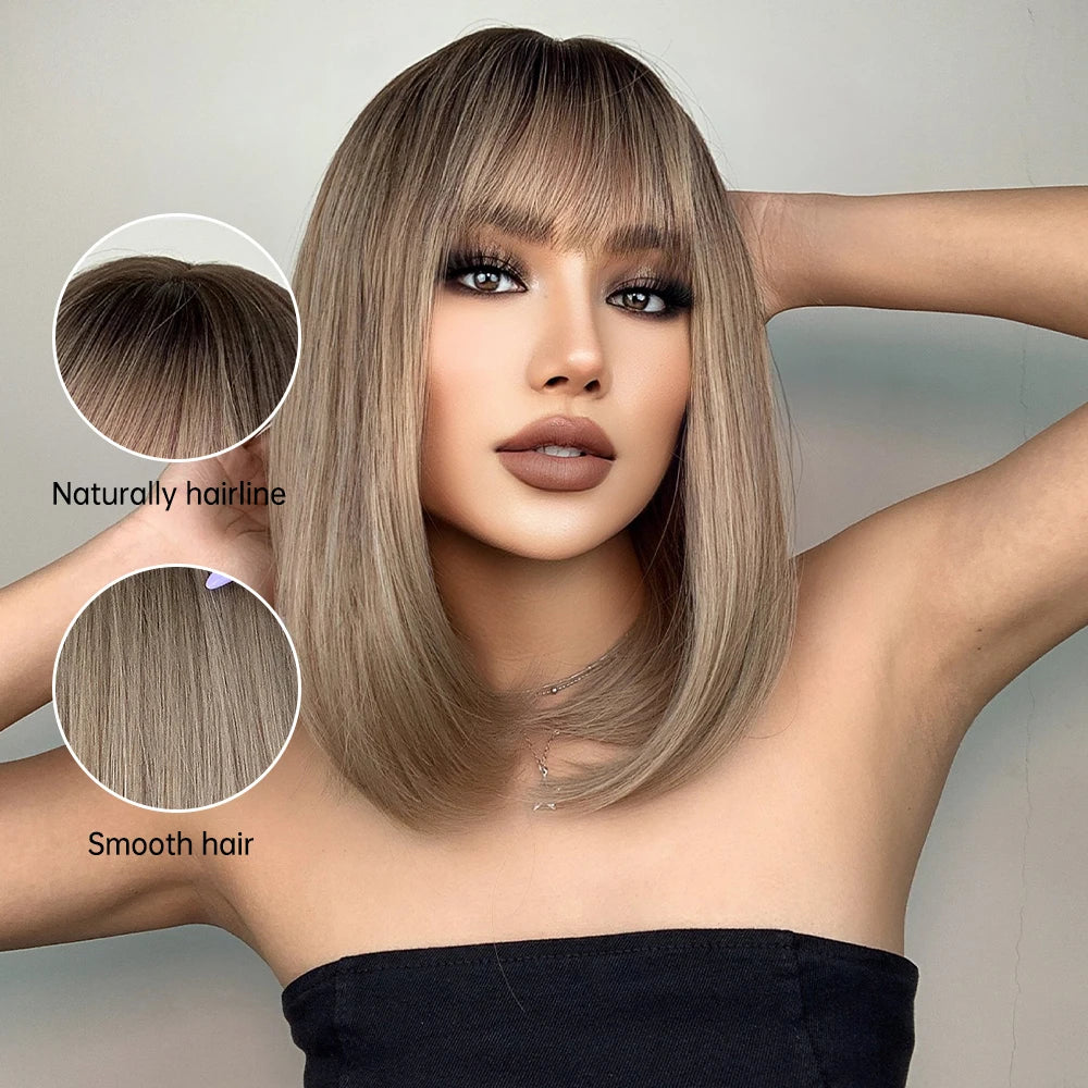 Short Straight Bob Wigs with Bangs Golden Brown Natural Synthetic Hair for Women Daily Cosplay Heat Resistant Fiber