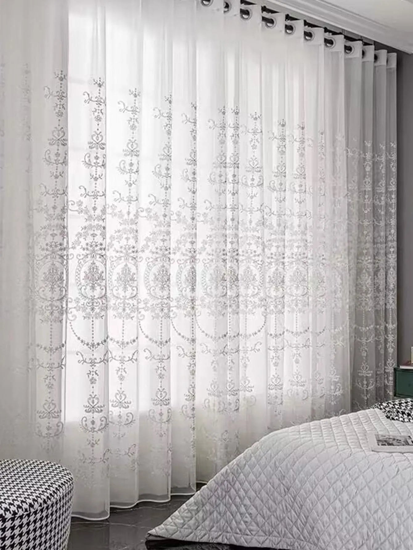 Sheer Curtains White Embroidered Floral Voile Drapes for Living room, Bedroom - Slobuy