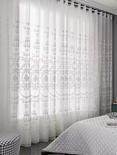 Sheer Curtains White Embroidered Floral Voile Drapes for Living room, Bedroom - Slobuy